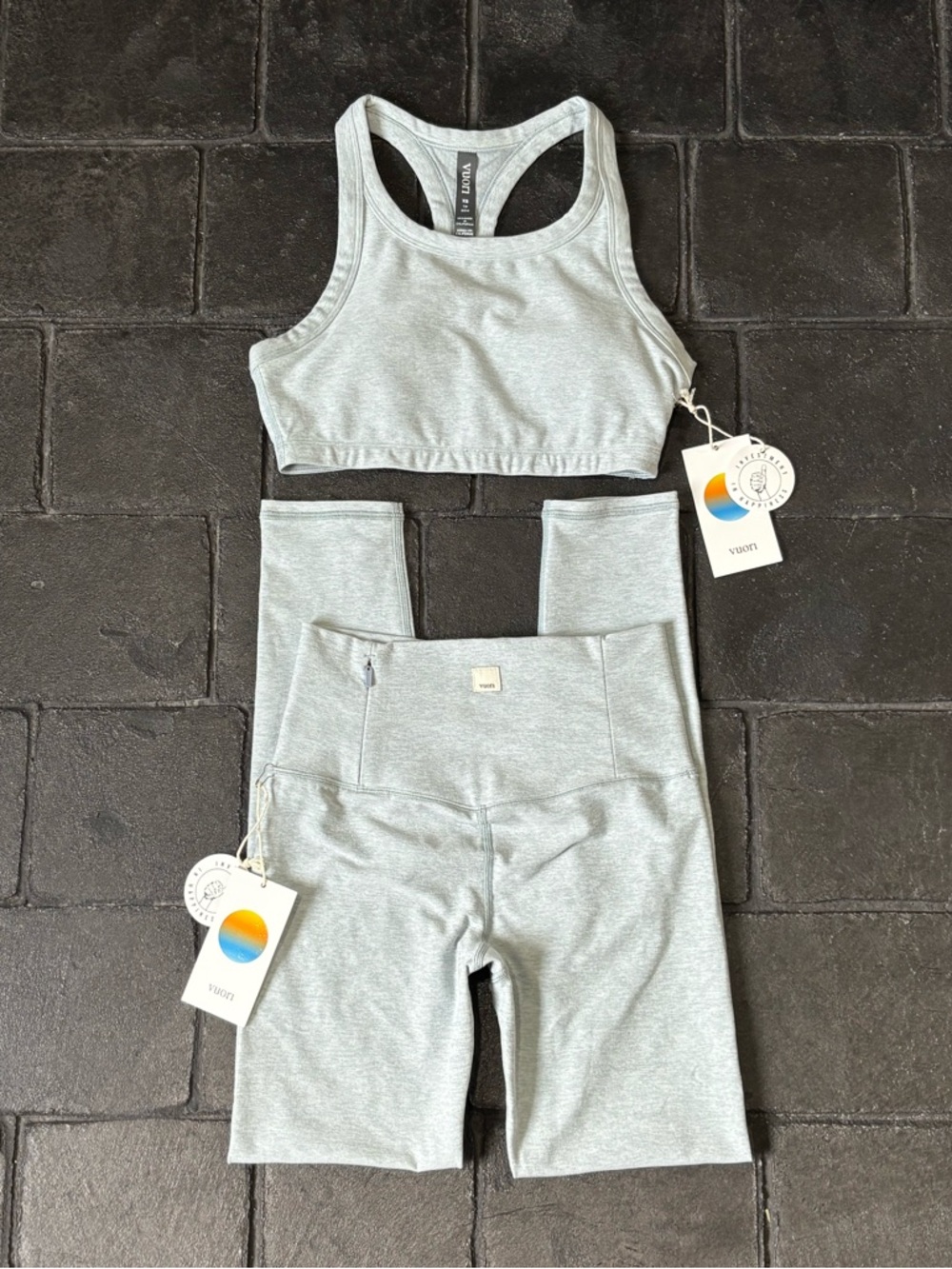 Vuori Workout Set Clean Elevation Legging & Racer Bra Blue Haze Heather Size XS